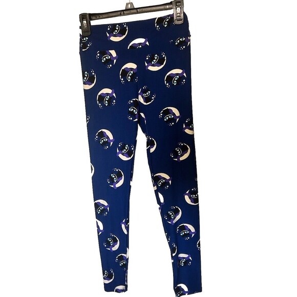 Lula Roe One Size Blue Smiling Cat Sitting On The Moon Leggings Sleepwear - Picture 1 of 10